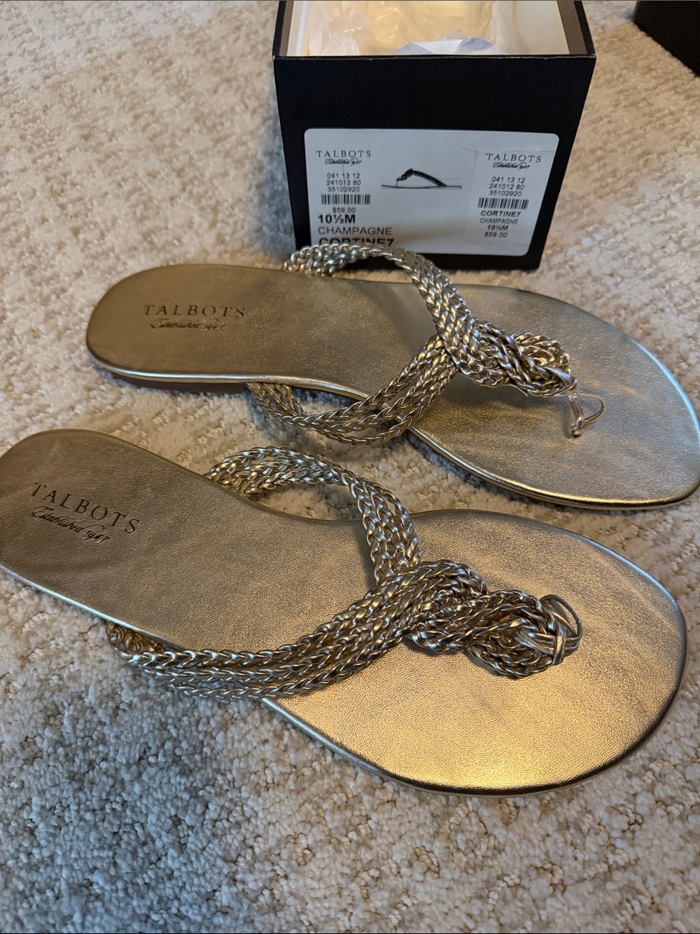 Talbots Metallic Gold Braided Thong Sandals